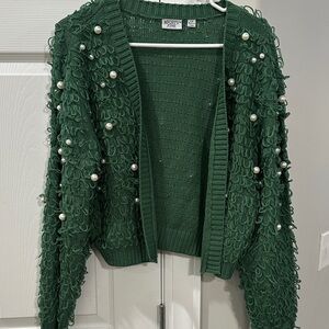 Mighty Fine Emerald Cardigan with Pearl Accents